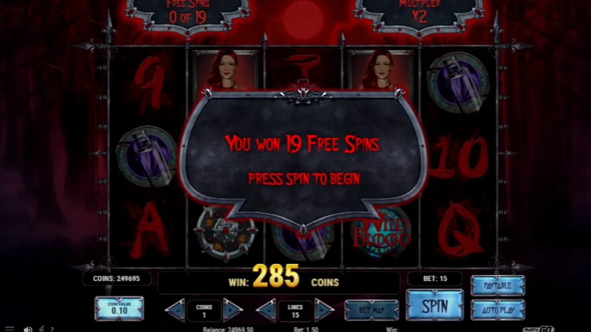 Interface do slot Wild Blood com tema gótico e vampiros